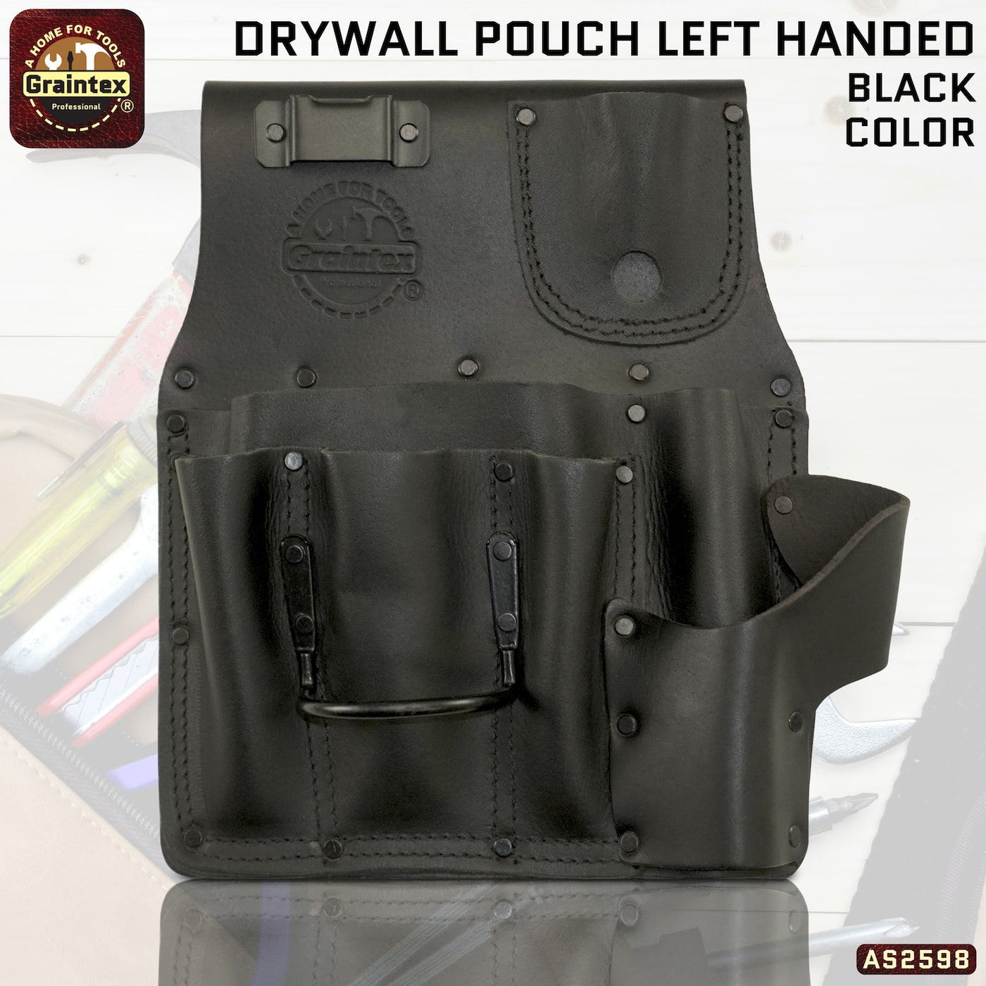 AS2598 :: Drywall Pouch Left Handed Ambassador Series Black Color Top Grain Leather
