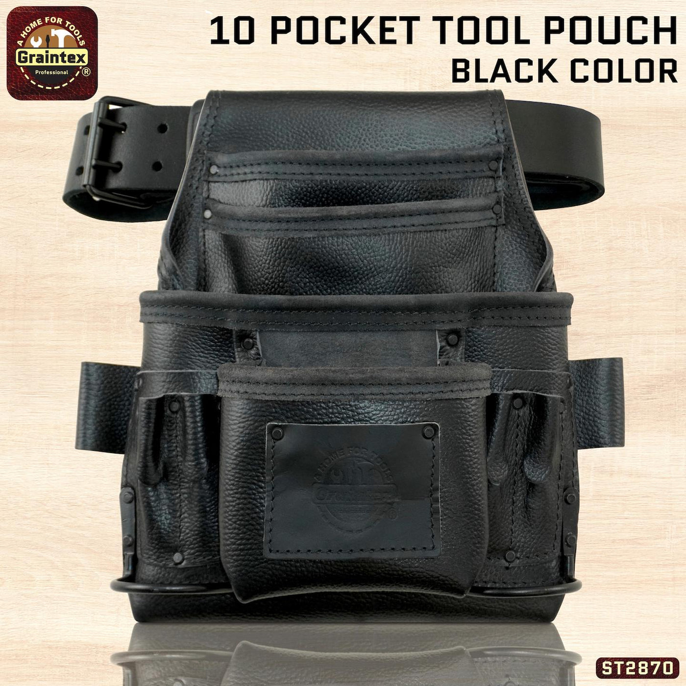 ST2870 :: 10 Pocket Nail & Tool Pouch Black Color RUGGED Top Grain Leather W/2" Leather Belt