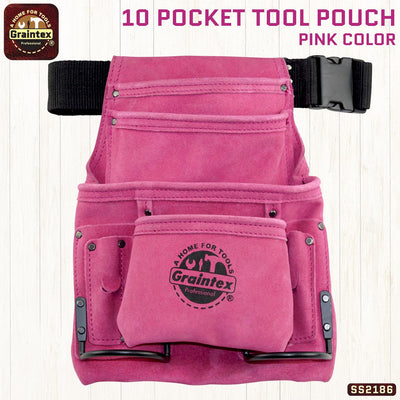 SS2186 :: 10 Pocket Nail & Tool Pouch Pink Color Suede Leather with Belt