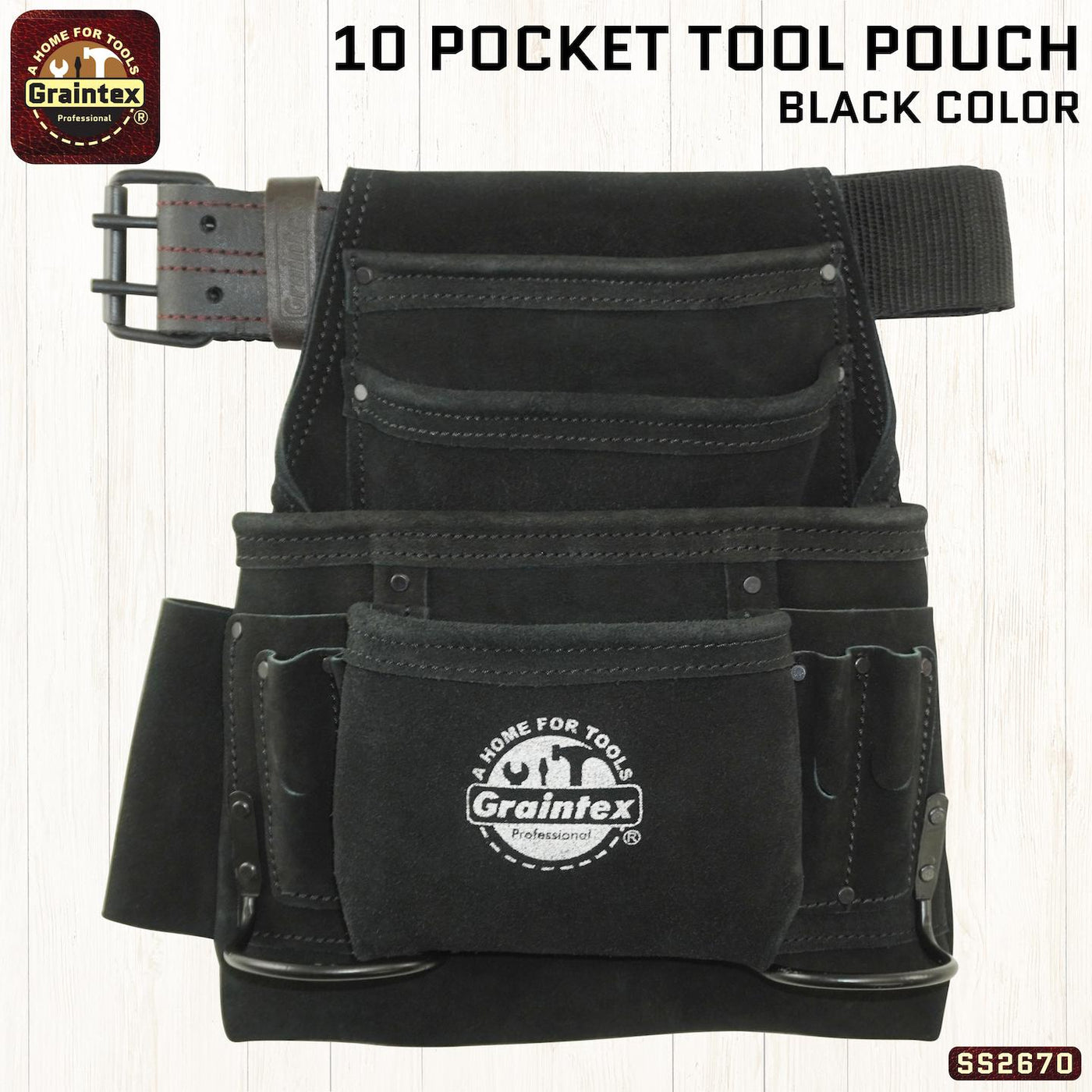 SS2670 :: 10 Pocket Nail & Tool Pouch Black Color Suede Leather with 2" Leather/Webbing Belt