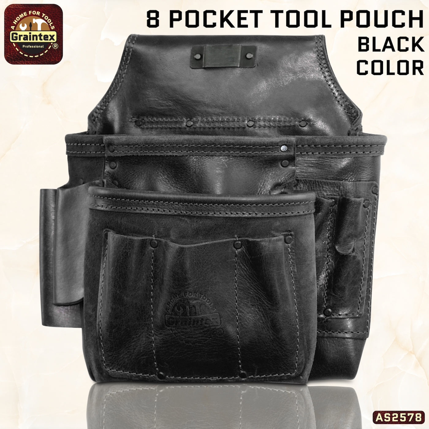 AS2578 :: 8 Pocket Framer’s Tool Pouch Ambassador Series Black Color Top Grain Leather
