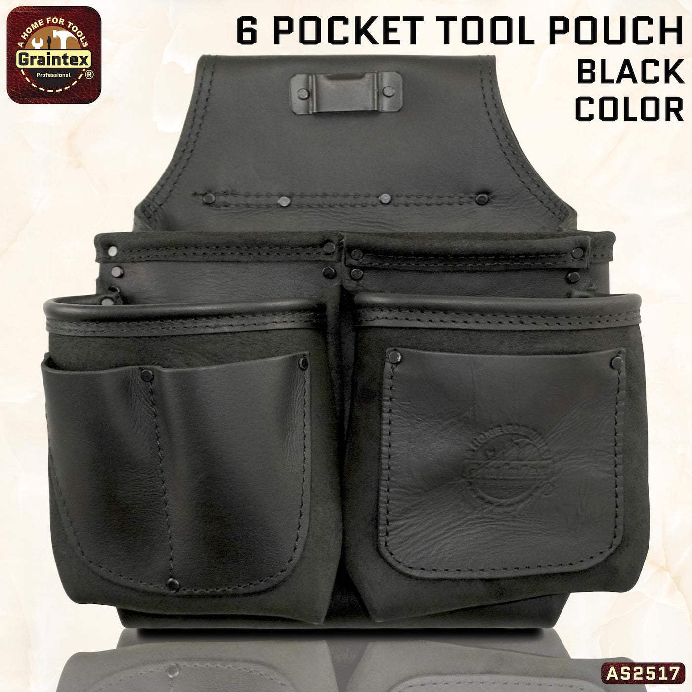 AS2517 :: 6 Pocket Framer’s Tool Pouch Ambassador Series Black Color Top Grain Leather