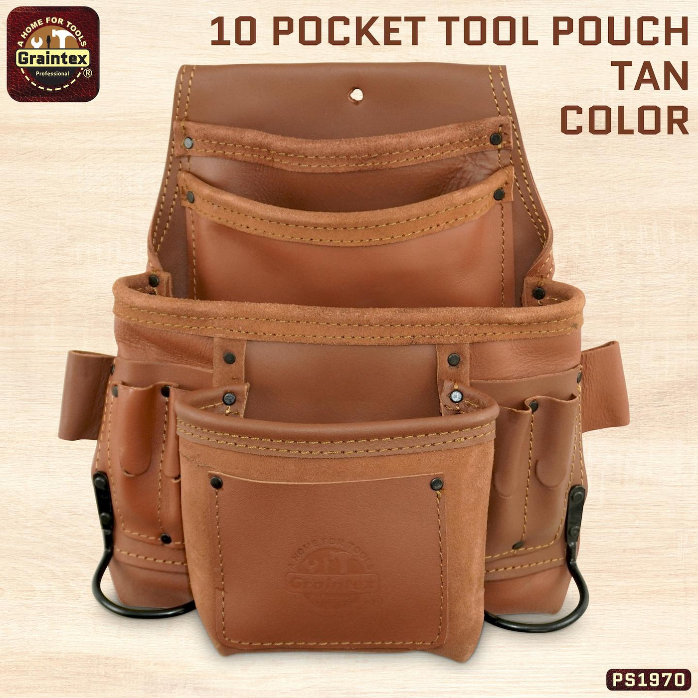 PS1970 :: 10 Pocket Nail & Tool Pouch Tan Color Industrial Grade Leather