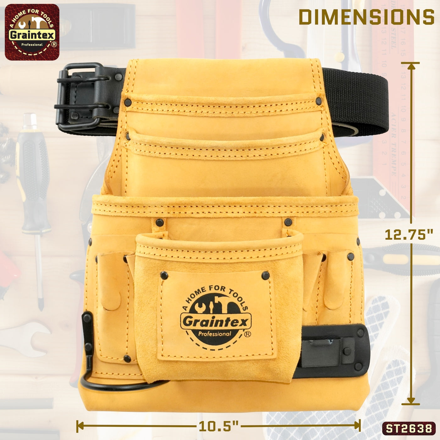 ST2638 :: 10 Pocket Nail & Tool Pouch Yellow Top Grain Leather W/2" Leather/Webbing Belt