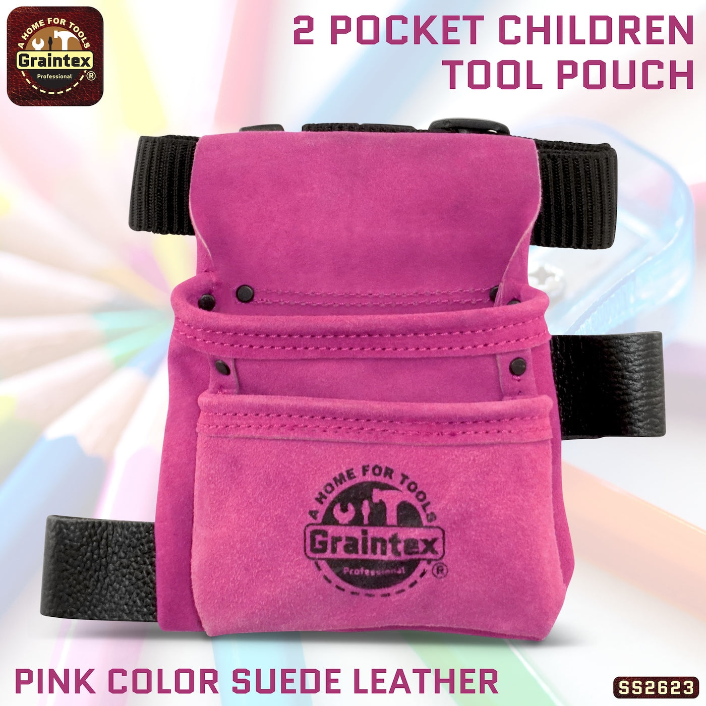 SS2623 :: 2 Pocket Children Tool Pouch Pink Color Suede Leather