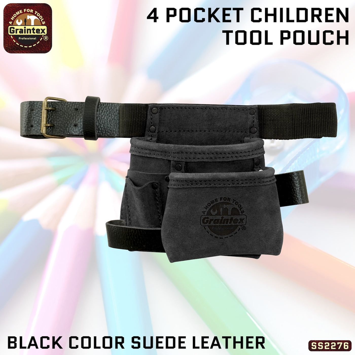 SS2276 :: 4 Pocket Children Tool Pouch Black Color Suede Leather