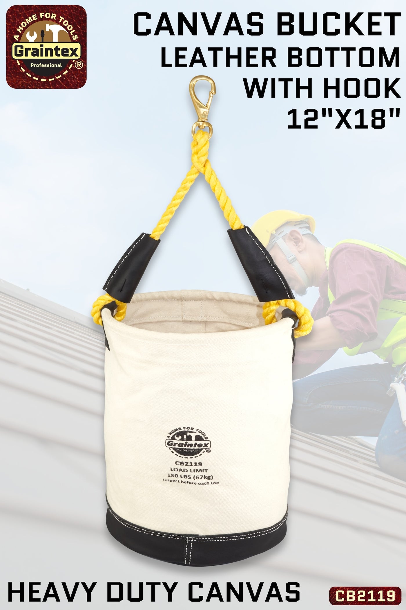 CB2119 :: UTILITY CANVAS BUCKET LEATHER BOTTOM 12”X18” ROPE HANDLE WITH  SWIVEL SNAP HOOK