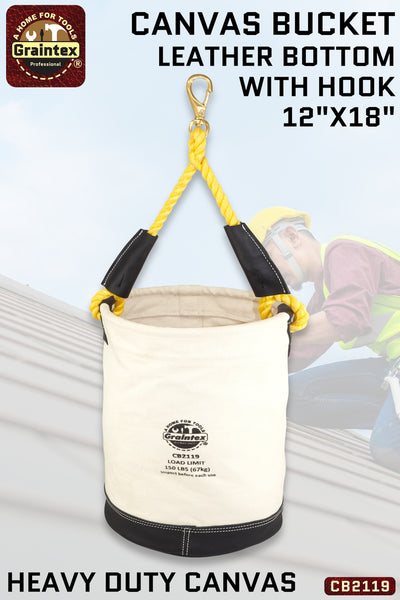 CB2119 :: UTILITY CANVAS BUCKET LEATHER BOTTOM 12”X18” ROPE HANDLE WITH SWIVEL SNAP HOOK