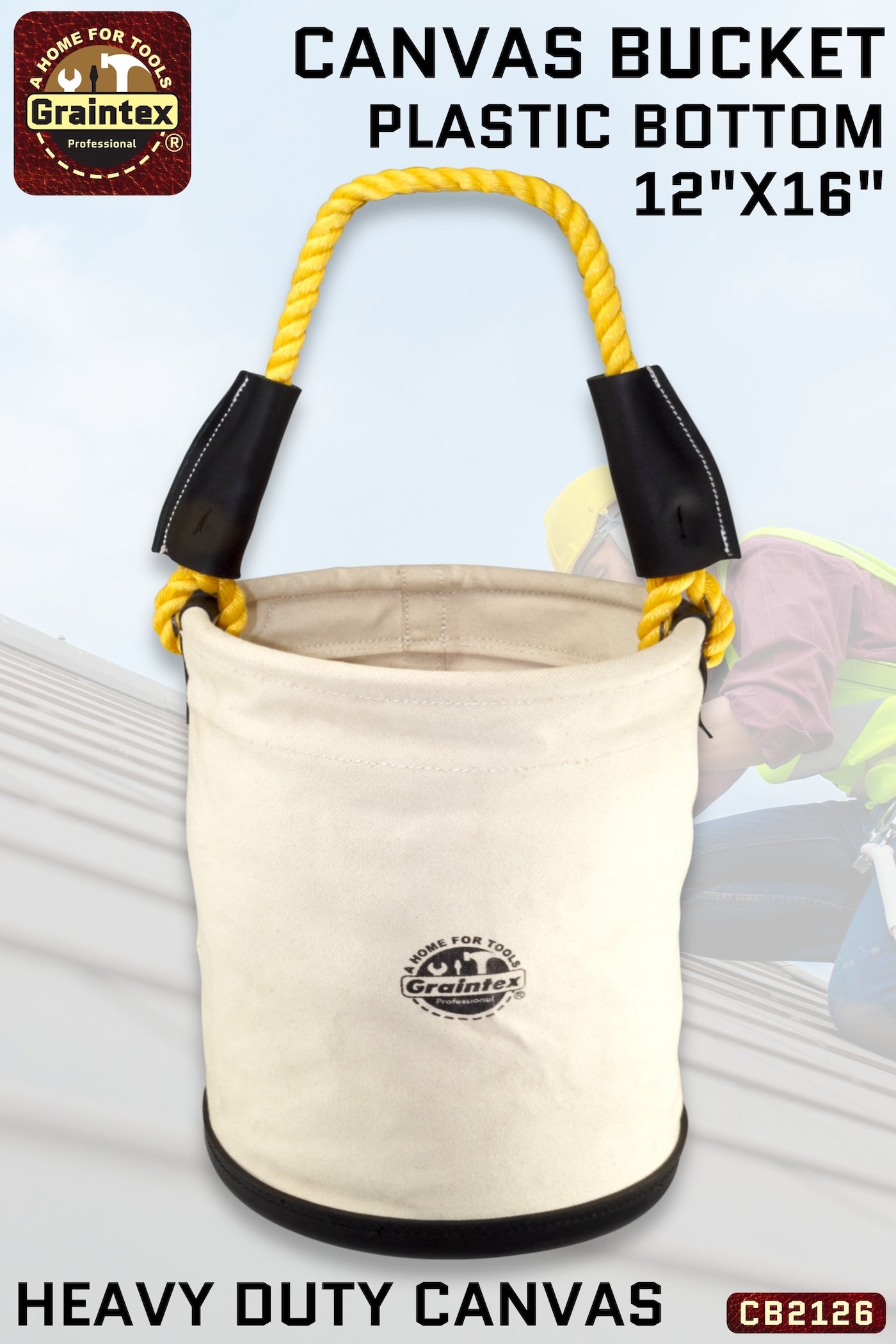 CB2126 :: UTILITY CANVAS BUCKET PLASTIC BOTTOM 12”X16” ROPE HANDLE