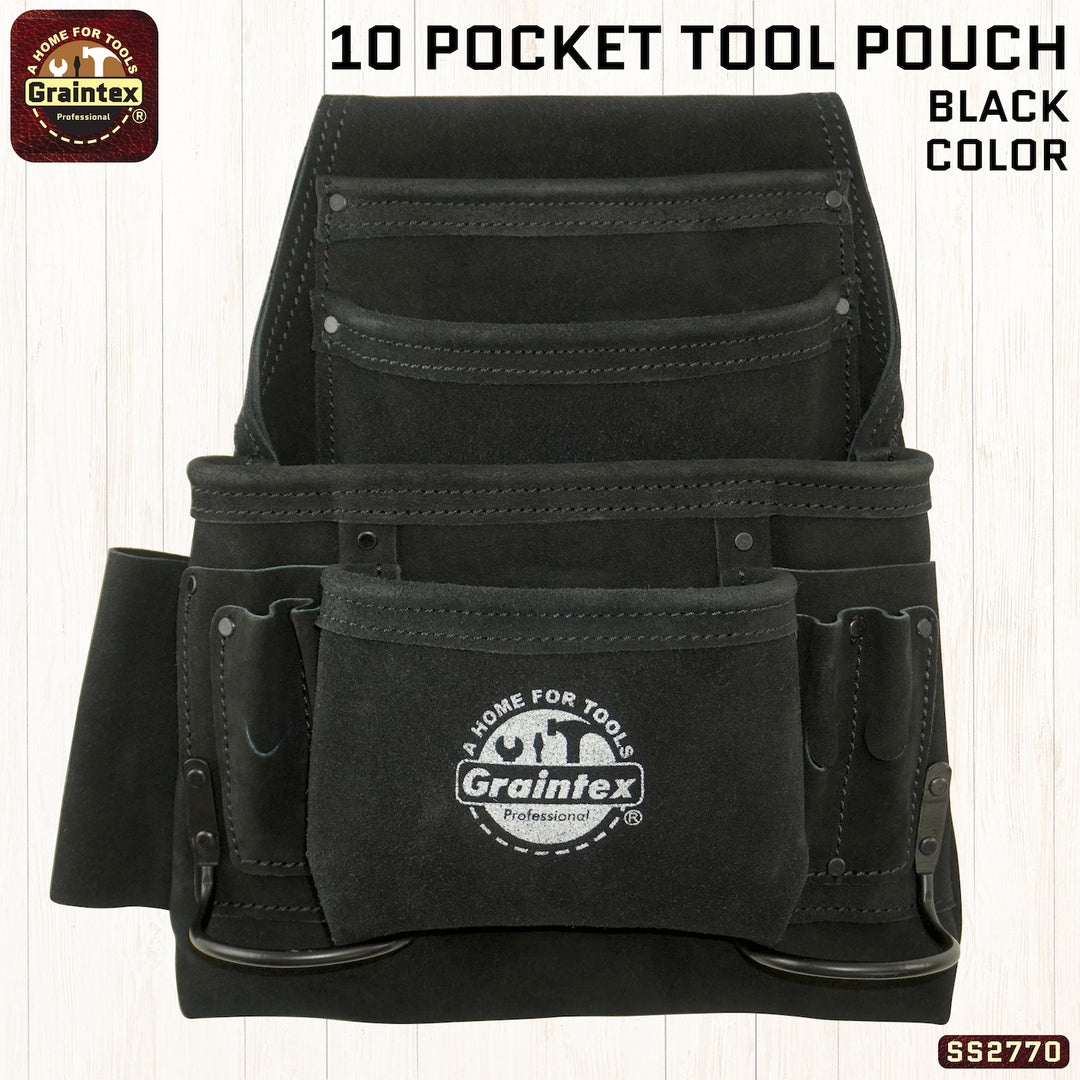 SS2770 :: 10 Pocket Nail & Tool Pouch Black Color Suede Leather 