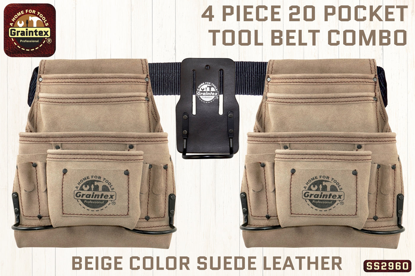 SS2960 :: 4 Piece 20 Pocket Tool Belt Combo Beige Color Suede Leather