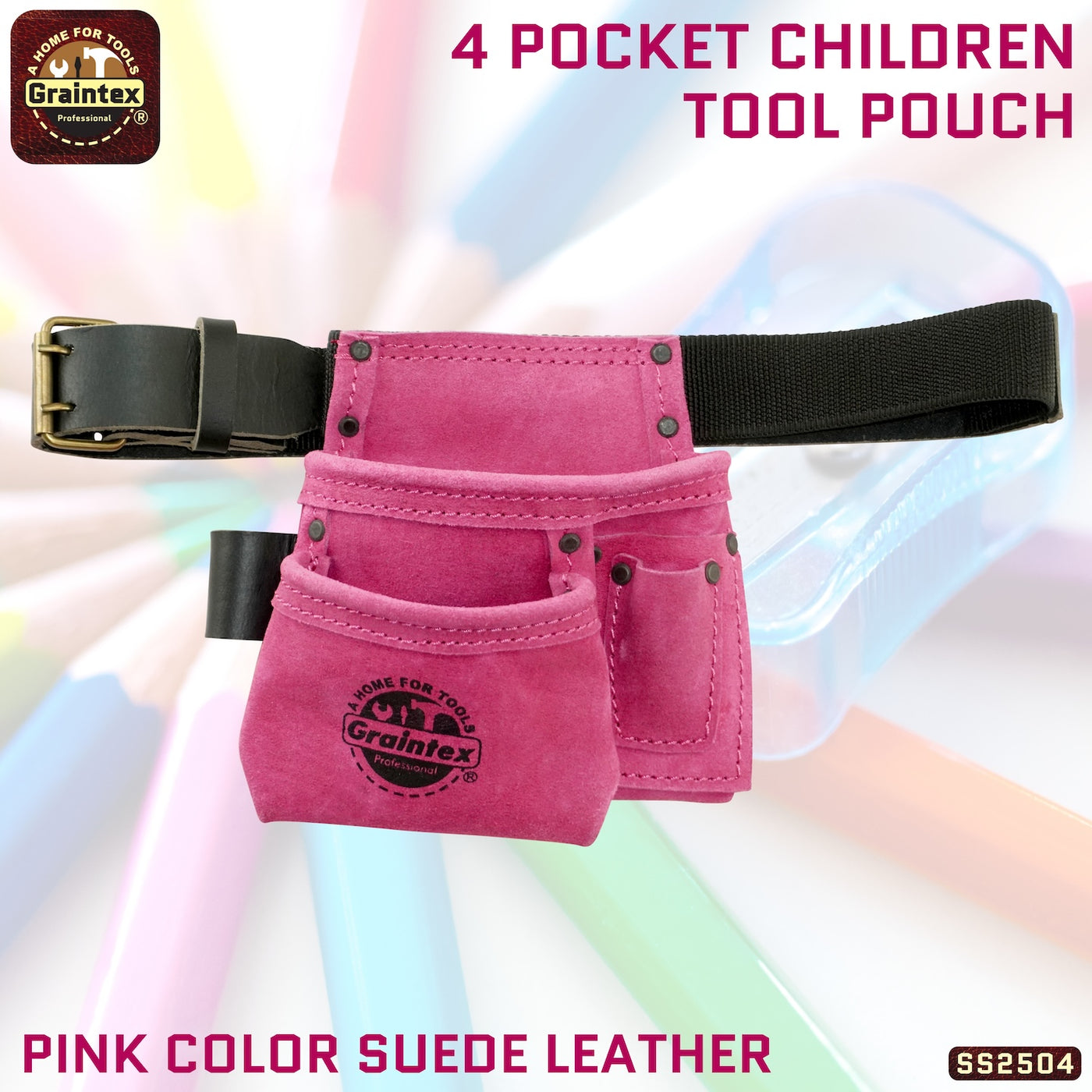 SS2504 :: 4 Pocket Children Tool Pouch Pink Color Suede Leather