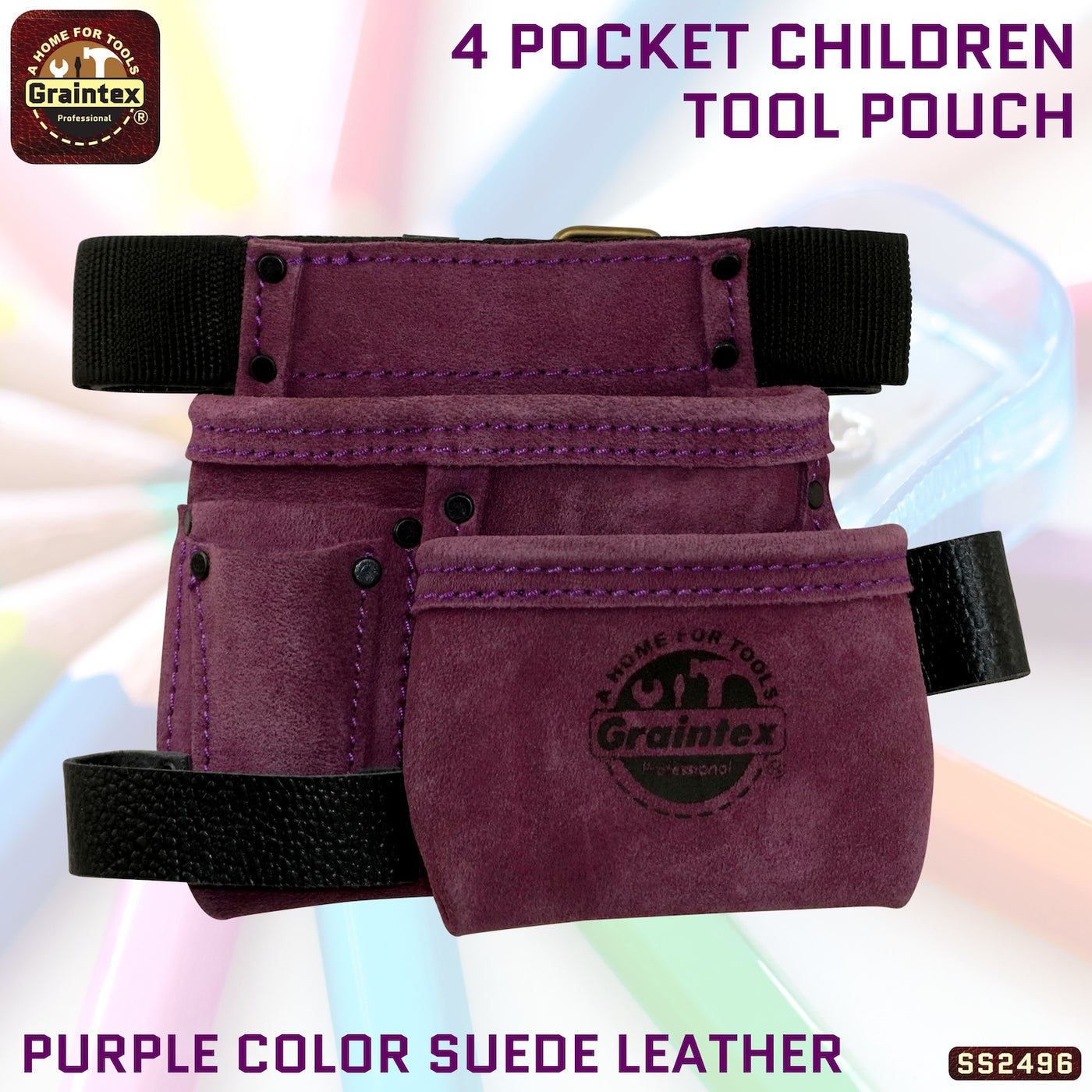 SS2496 :: 4 Pocket Children Tool Pouch Purple Color Suede Leather