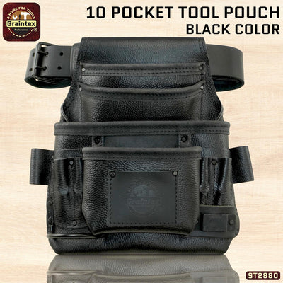 ST2880 :: 10 Pocket Nail & Tool Pouch Black Color RUGGED Top Grain Leather W/2" Leather Belt
