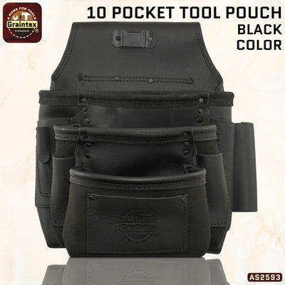 AS2593 :: 10 Pocket Framer’s Tool Pouch Ambassador Series Black Color Top Grain Leather