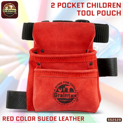 SS2528:: 2 Pocket Children Tool Pouch Red Color Suede Leather