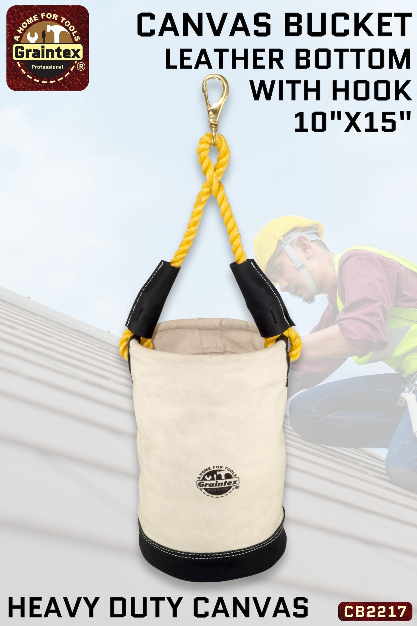 CB2217 :: UTILITY CANVAS BUCKET LEATHER BOTTOM 10”X15” ROPE HANDLE WITH SWIVEL SNAP HOOK