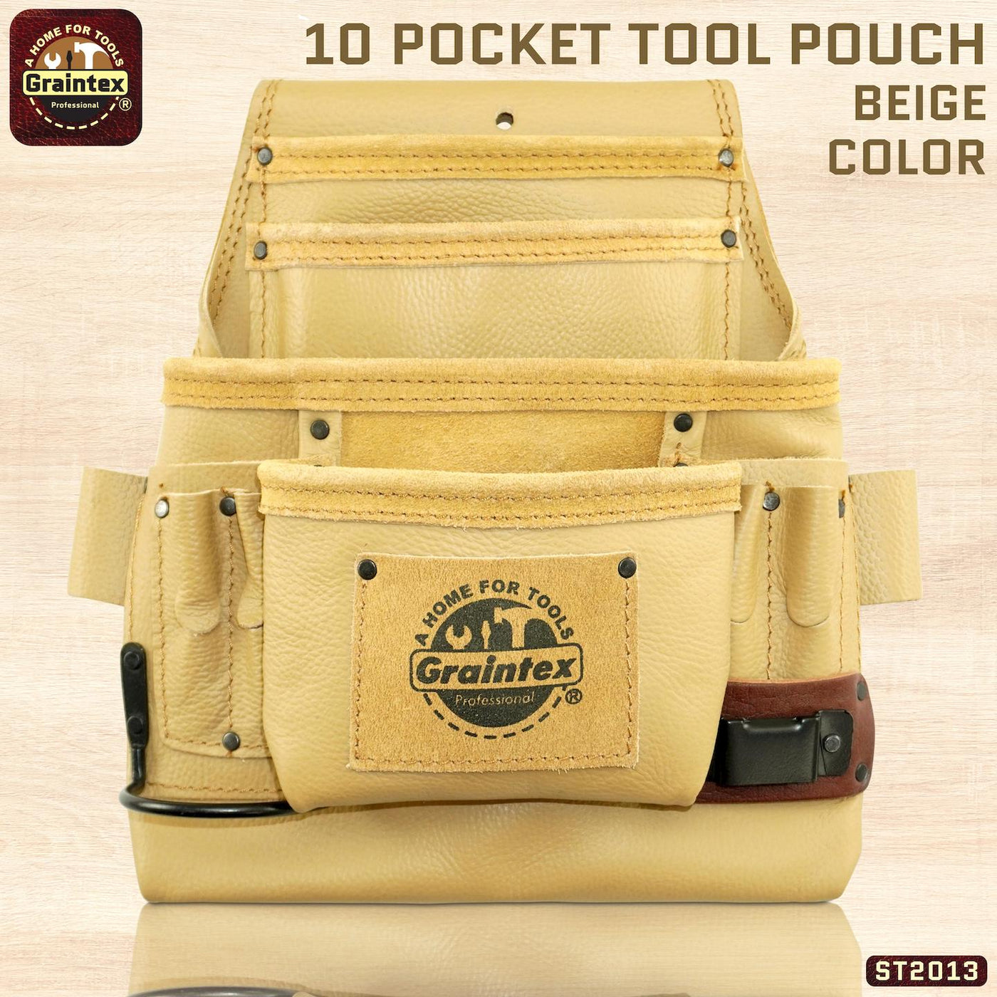 ST2013 :: 10 Pocket Nail & Tool Pouch Beige Color RUGGED Top Grain Leather
