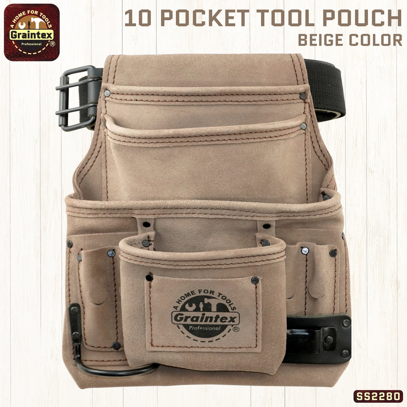 SS2280 :: 10 Pocket Nail & Tool Pouch Beige Color Suede Leather with 2" Leather/Webbing Belt