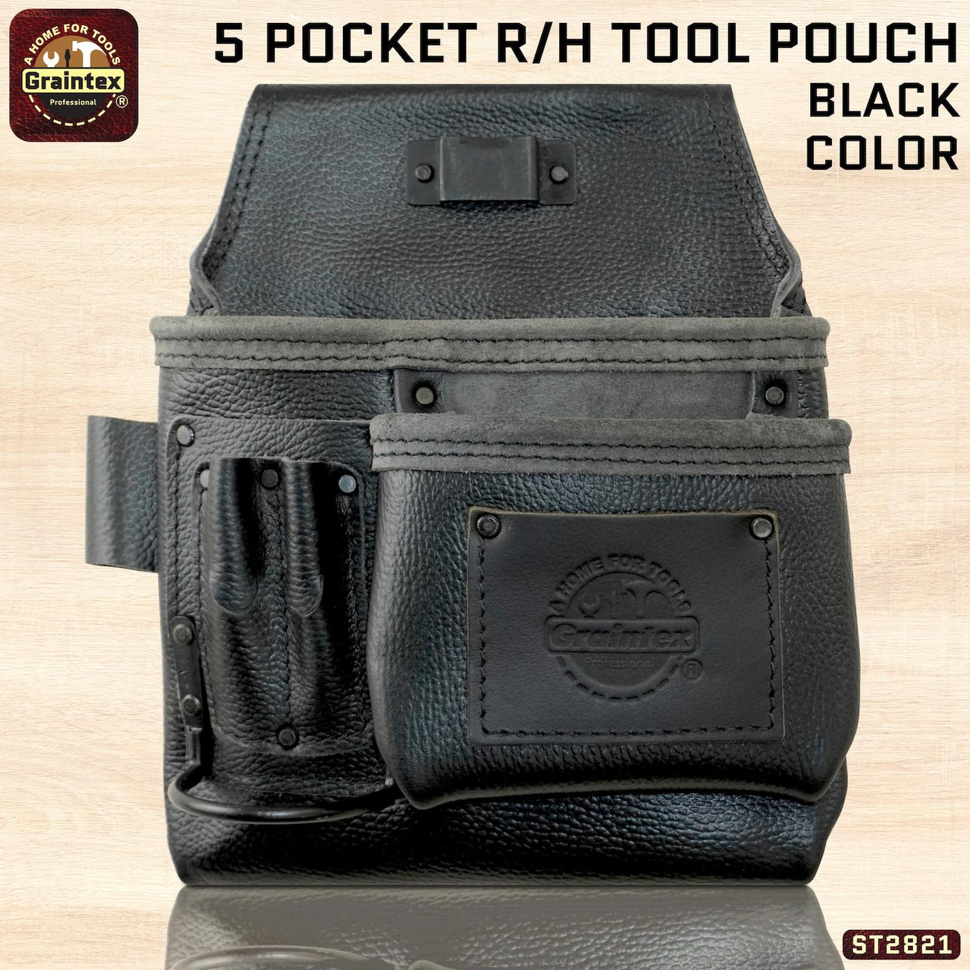 ST2821 :: 5 Pocket Right Handed Nail & Tool Pouch RUGGED Black Color Top Grain Leather
