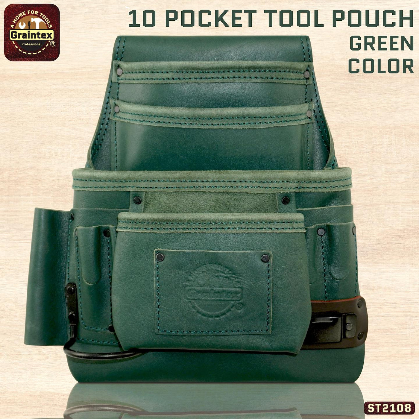ST2108 :: 10 Pocket Nail & Tool Pouch Green Color Top Grain Leather