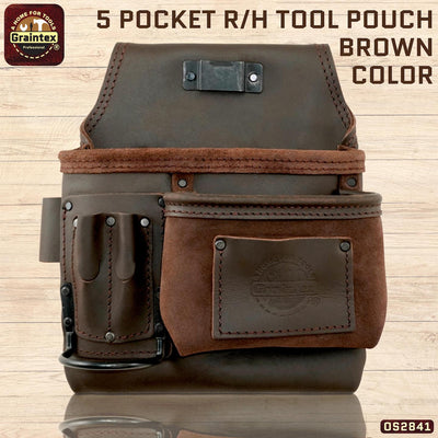 OS2841 :: 5 Pocket Right Handed Nail & Tool Pouch Brown Color Top Grain Oil Tanned Leather