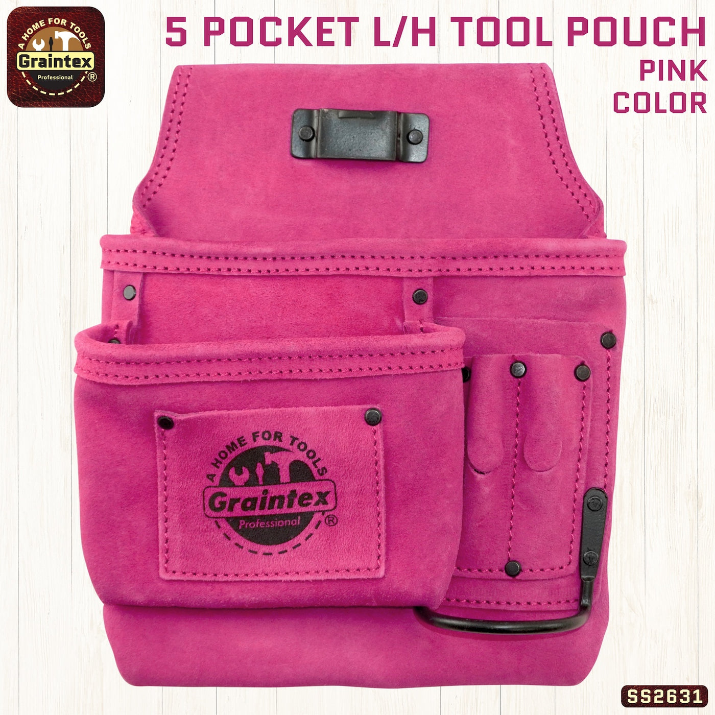SS2632 :: 5 Pocket Left Handed Nail & Tool Pouch Pink Color Suede Leather