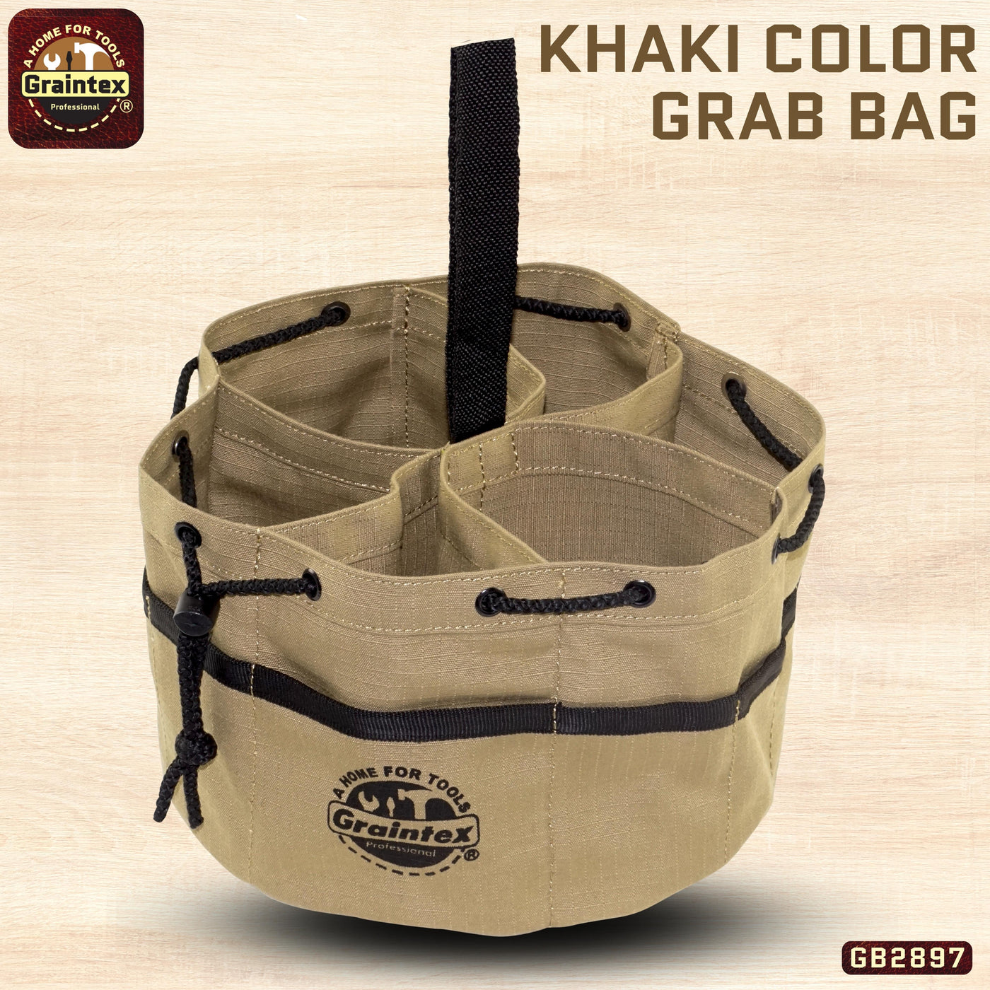 GB2897 :: Grab Bag Khaki Color Rip-stop Canvas 18 Pockets Drawstring Closure