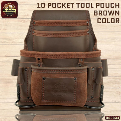 OS2334 :: 10 Pocket Nail & Tool Pouch Brown Color Top Grain Oil Tanned Leather