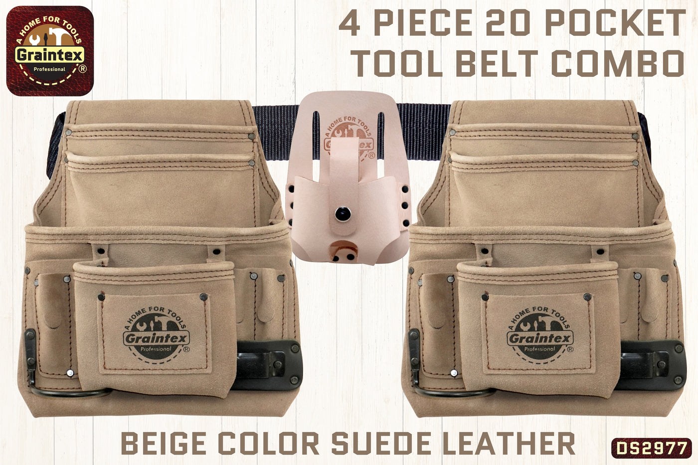 DS2977 :: 4 Piece 20 Pocket Tool Belt Combo Beige Color Suede Leather