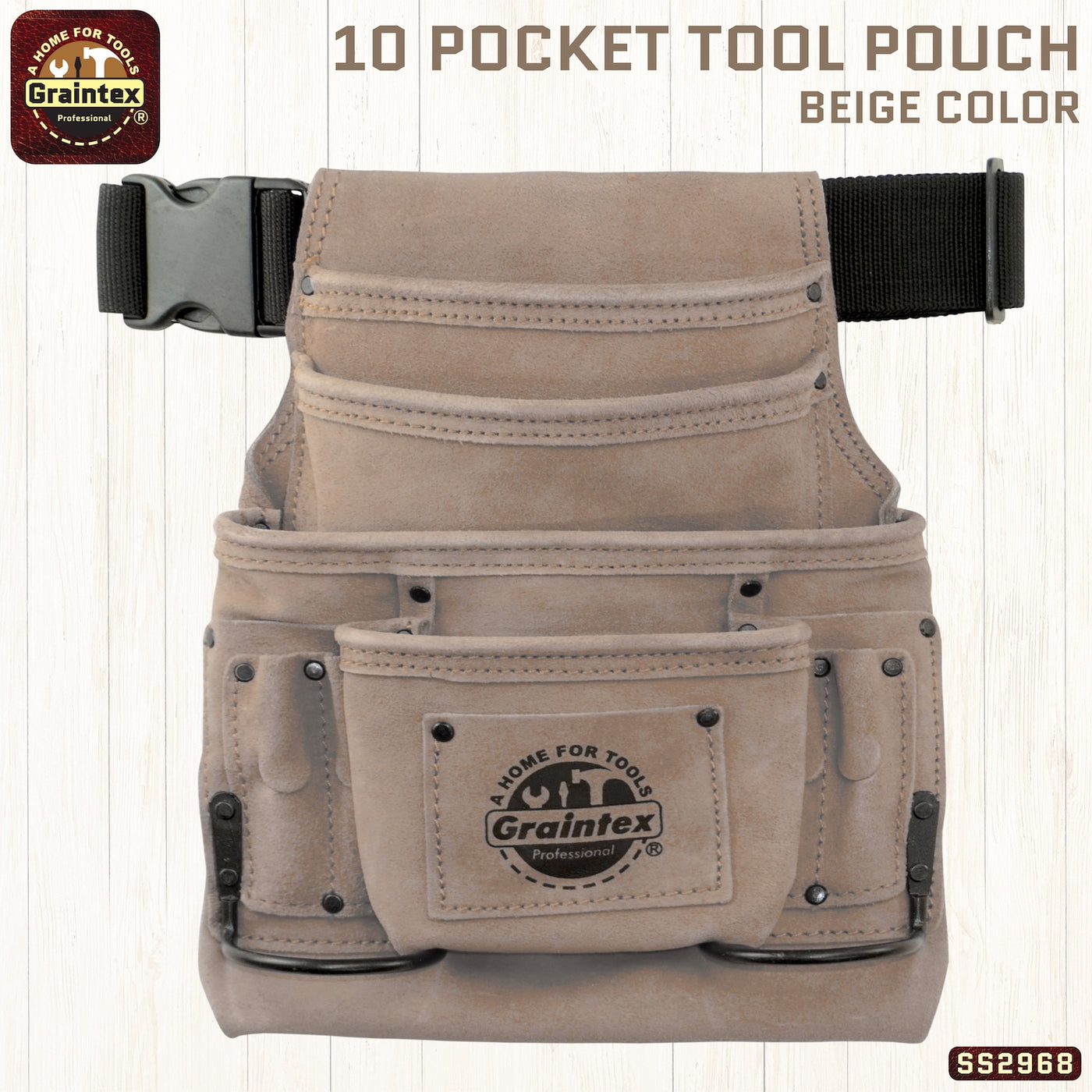SS2968 :: 10 Pocket Nail & Tool Pouch Beige Color Suede Leather with Belt