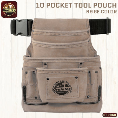 SS2968 :: 10 Pocket Nail & Tool Pouch Beige Color Suede Leather with Belt