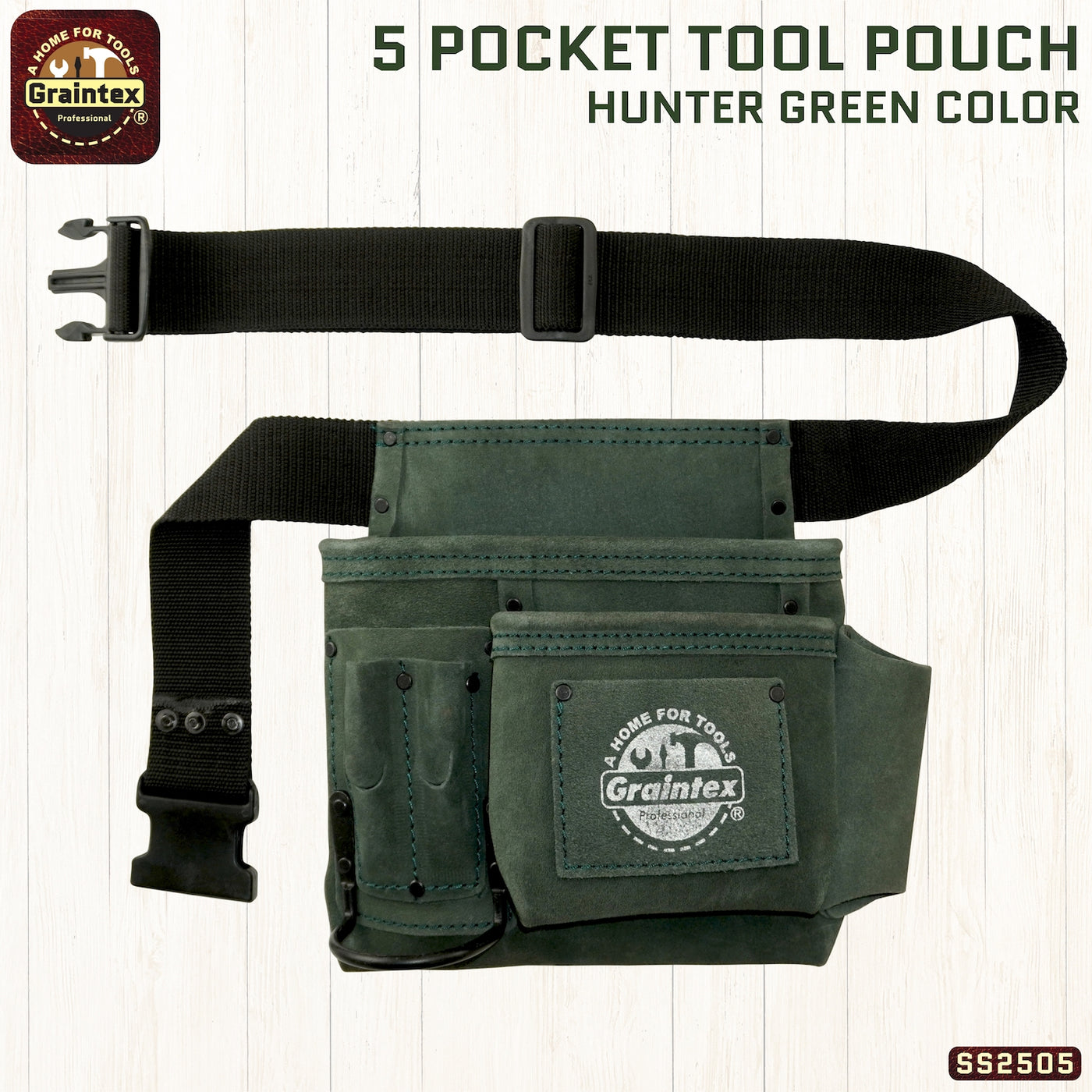 SS2505 :: 5 Pocket Nail & Tool Pouch Hunter Green Color Suede Leather with Belt