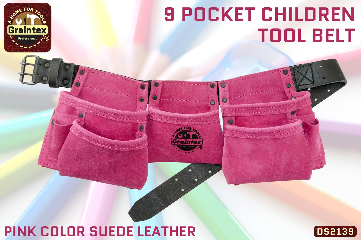 DS2139 :: 9 Pocket Children Tool Belt Pink Color Suede Leather