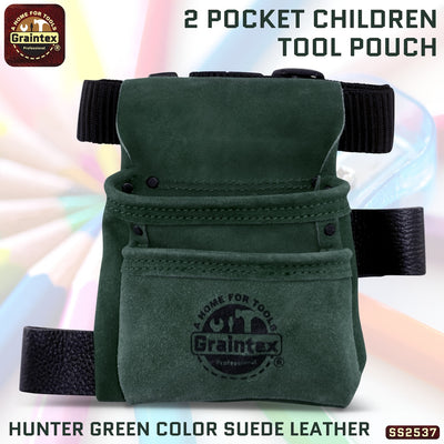 SS2537 :: 2 Pocket Children Tool Pouch Hunter Green Color Suede Leather