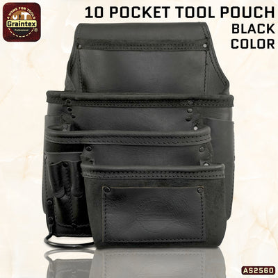 AS2560 :: 10 Pocket Right Handed Framer’s Tool Pouch Ambassador Series Black Color Top Grain Leather