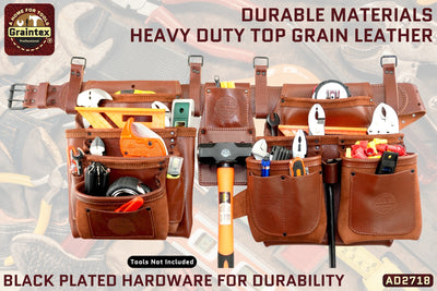 AD2718 :: 4 Piece 15 Pocket Framer's Tool Belt Combo Set Ambassador Series Chestnut Brown Color Top Grain Leather