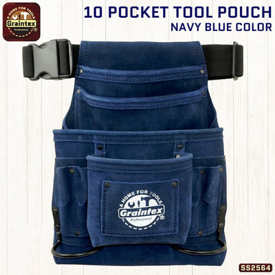 SS2564 :: 10 Pocket Nail & Tool Pouch Navy Blue Color Suede Leather with Belt