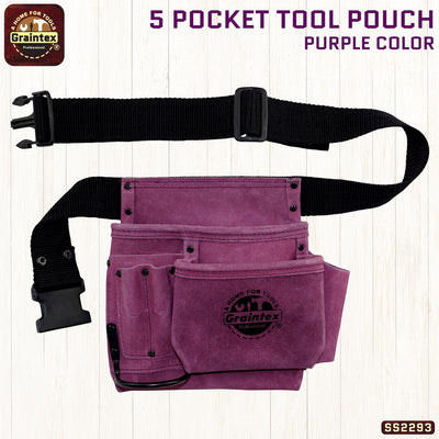 SS2293 :: 5 Pocket Nail & Tool Pouch Purple Color Suede Leather with Belt