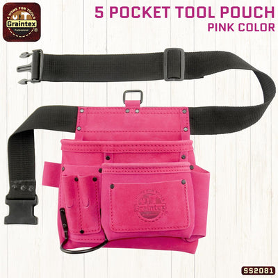 SS2081 :: 5 Pocket Nail & Tool Pouch Pink Color Suede Leather with Belt