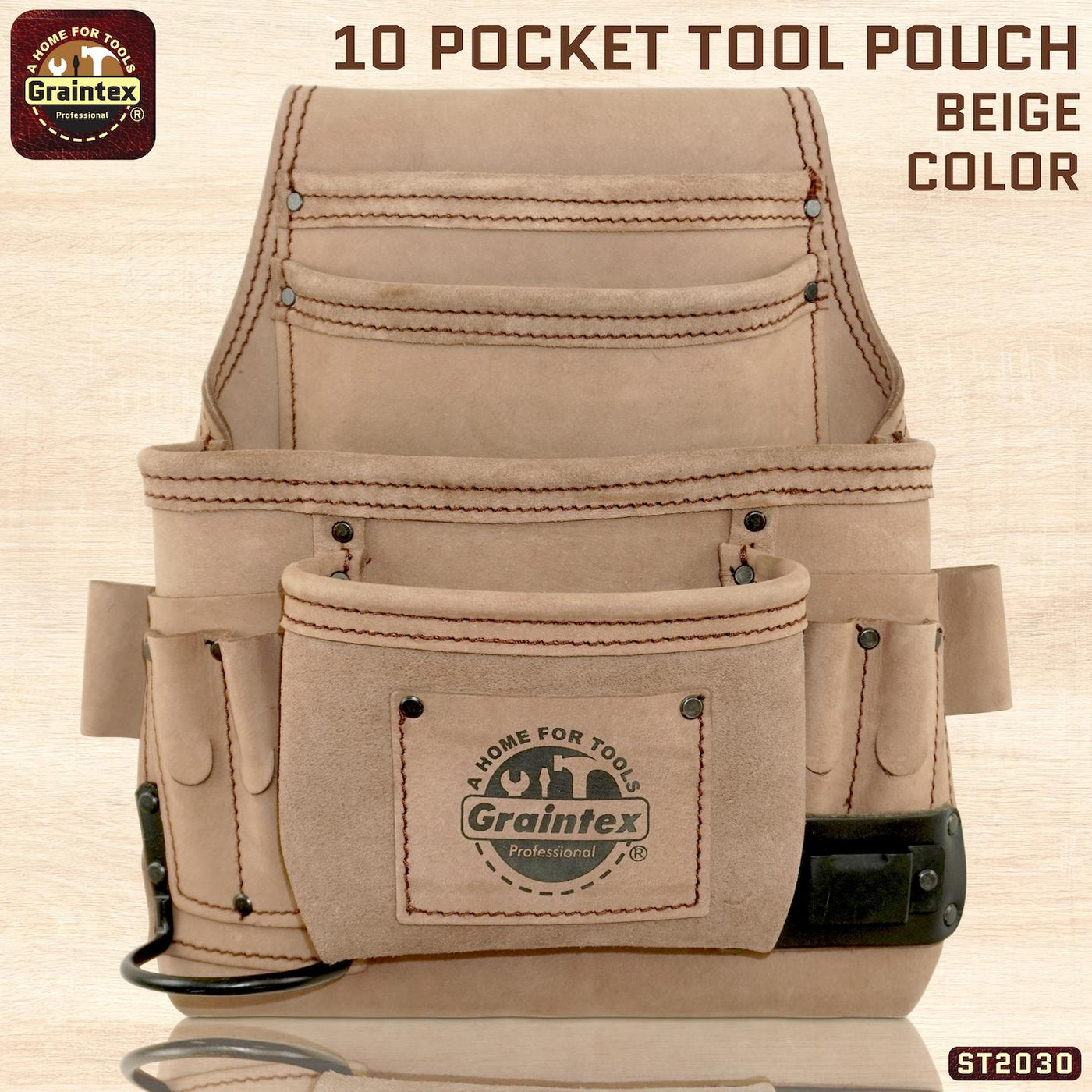 ST2030 :: 10 Pocket Nail & Tool Pouch Beige Color Top Grain Leather