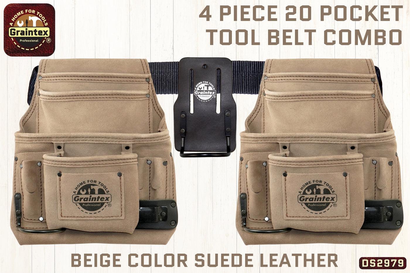 DS2979 :: 4 Piece 20 Pocket Tool Belt Combo Beige Color Suede Leather