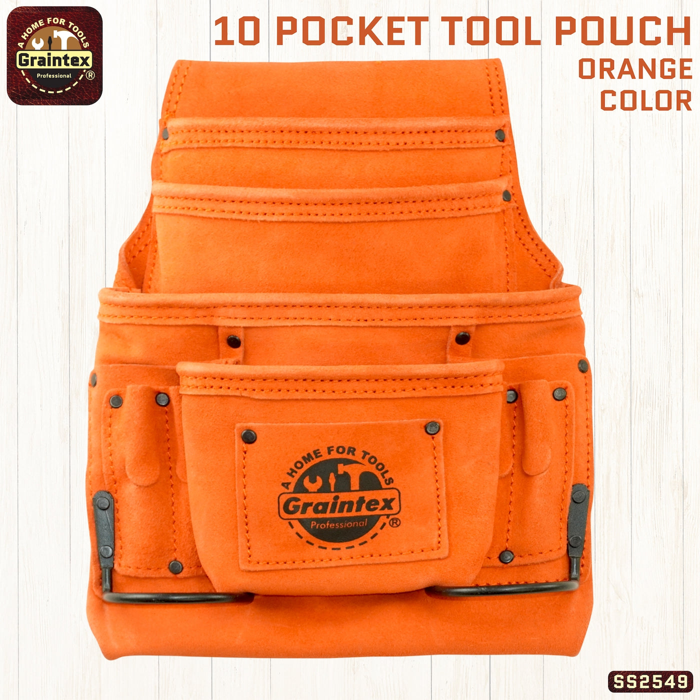 SS2549 :: 10 Pocket Nail & Tool Pouch Orange Color Suede Leather