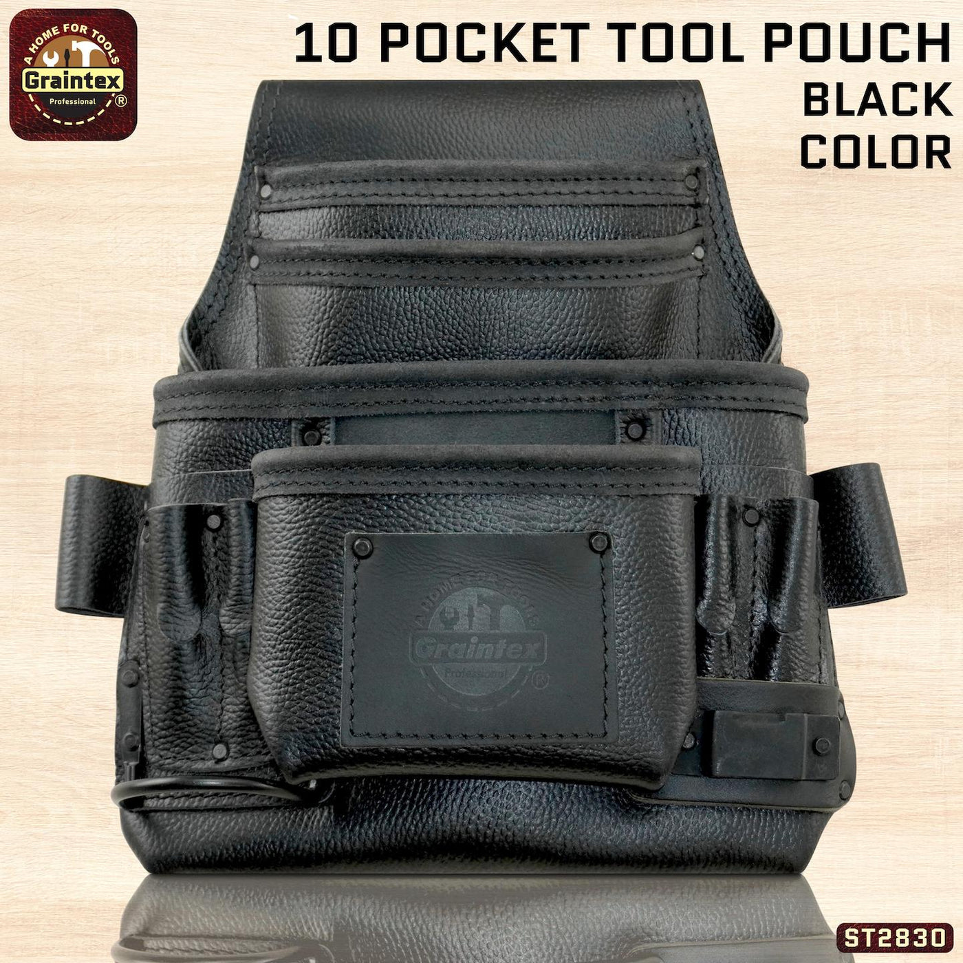 ST2830 :: 10 Pocket Nail & Tool Pouch Black Color RUGGED Top Grain Leather