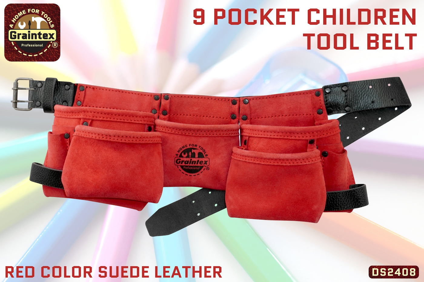DS2408 :: 9 Pocket Children Tool Belt Red Color Suede Leather