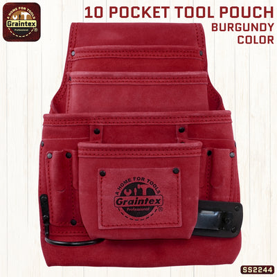 SS2244 :: 10 Pocket Nail & Tool Pouch Burgundy Color Suede Leather
