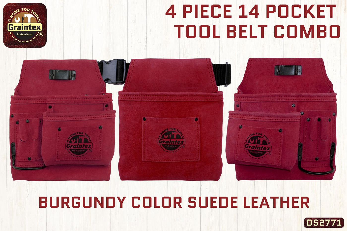 DS2771 :: 4 Piece 14 Pocket Tool Belt Combo Burgundy Color Suede Leather