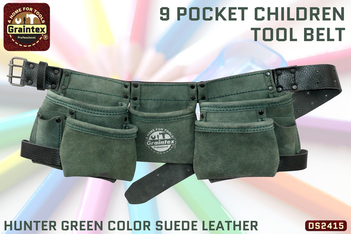 DS2415 :: 9 Pocket Children Tool Belt Hunter Green Color Suede Leather