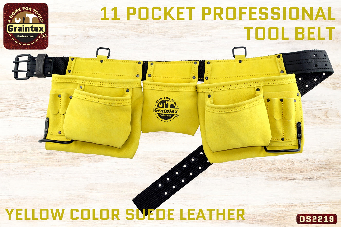DS2219 :: 11 POCKET PROFESSIONAL TOOL BELT YELLOW COLOR SUEDE LEATHER
