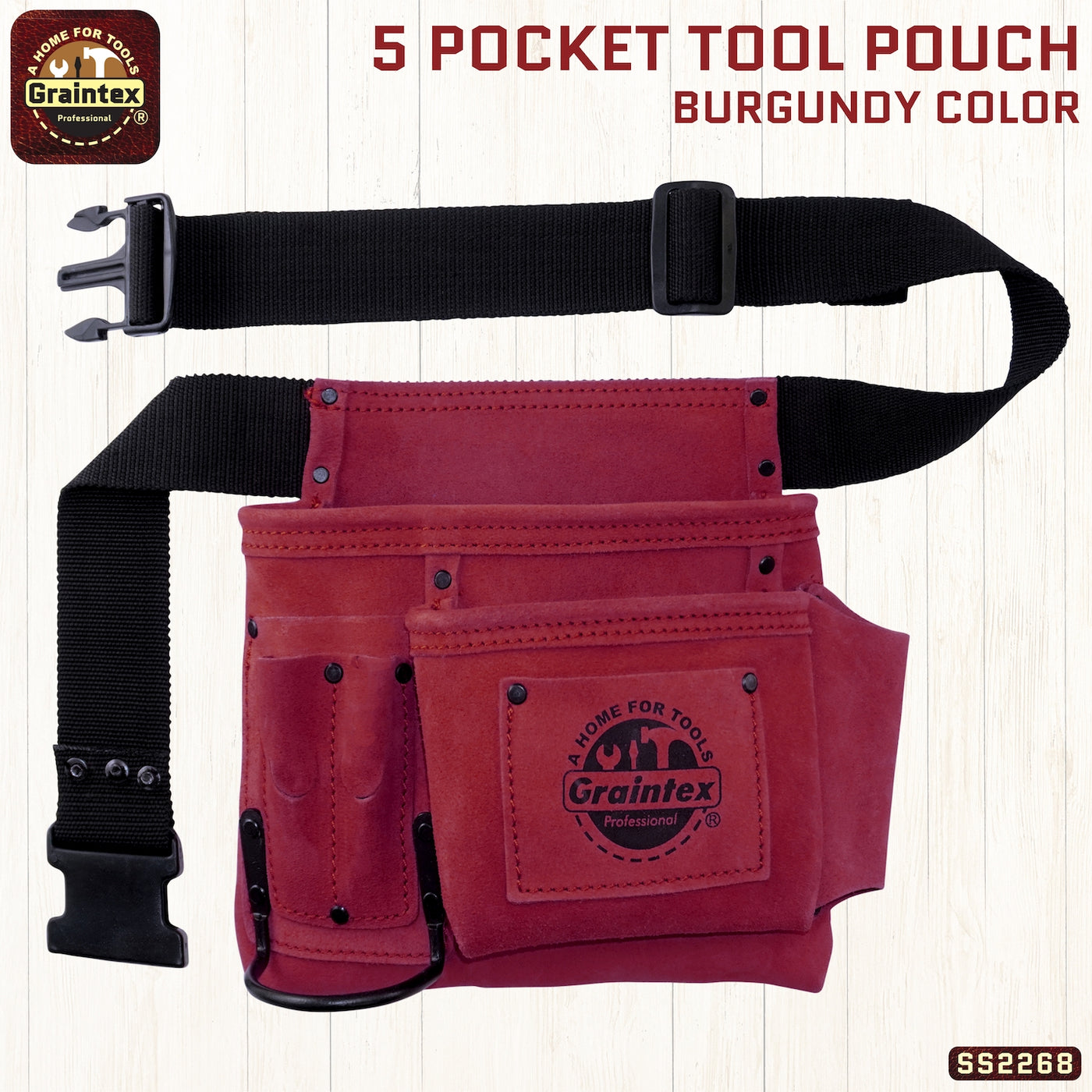 SS2268 :: 5 Pocket Nail & Tool Pouch Burgundy Color Suede Leather withBelt